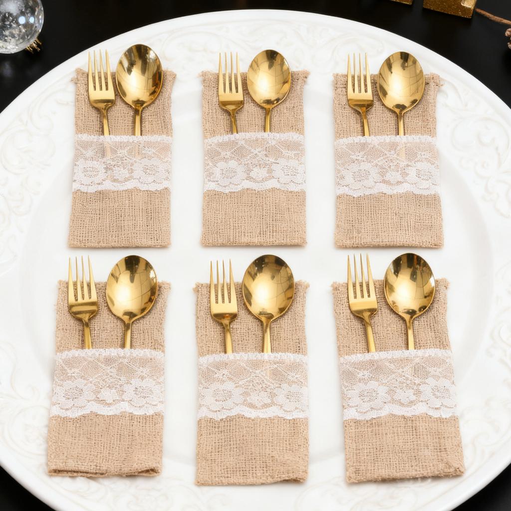 Natural Burlap Lace Utensil Holders Linen Cutlery Holder Covers Knife Fork Pockets Bags Christmas New Year Dinner Table Decor