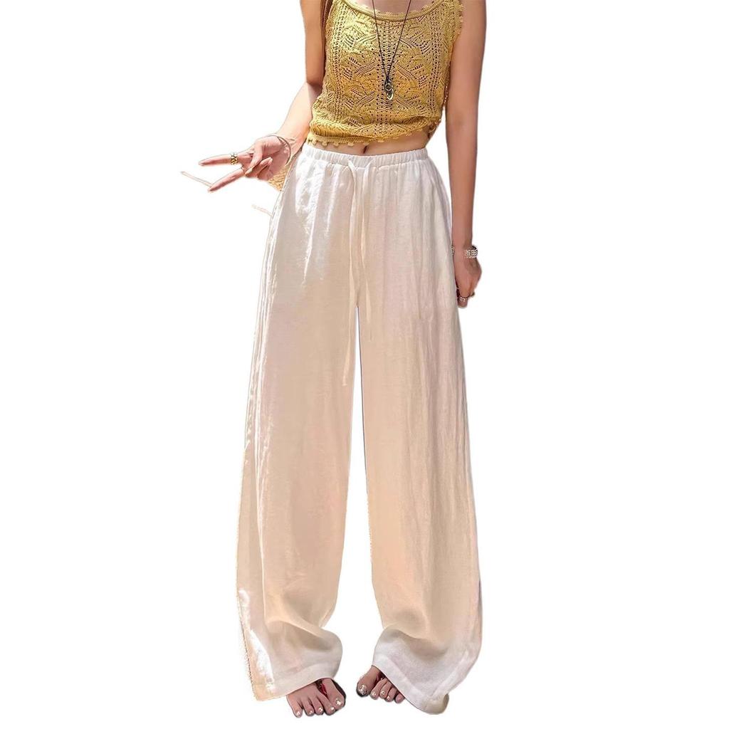 Women's Summer White Wide-Leg High-Waisted Linen-Style Loose Pants