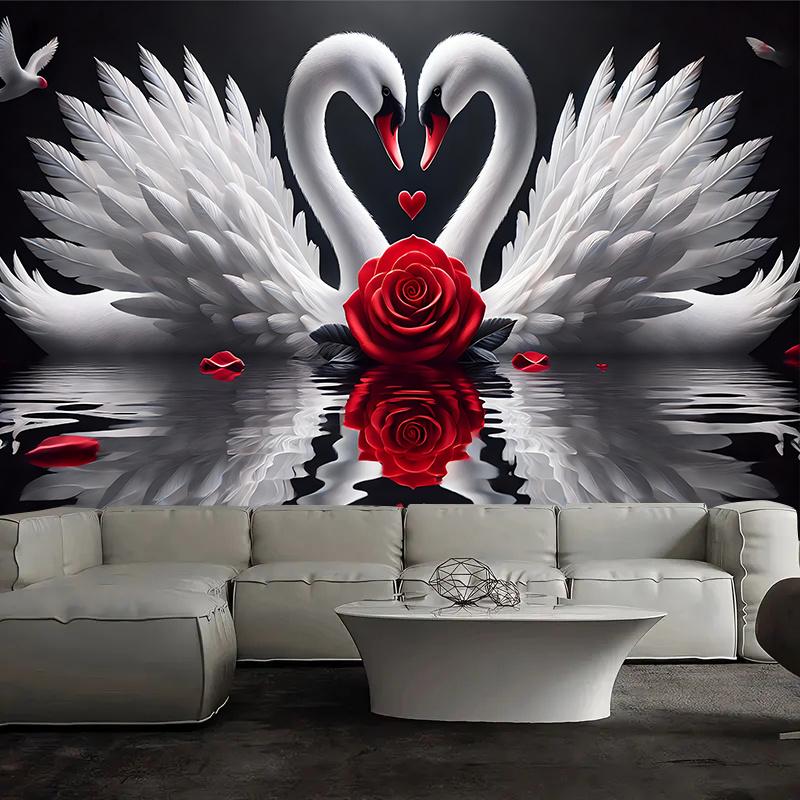 White Swans Love Heart Red Rose Romantic Tapestry Couple Wedding Gift Wall Hanging Bedroom Decor Elegant Animal Art Fabricposter