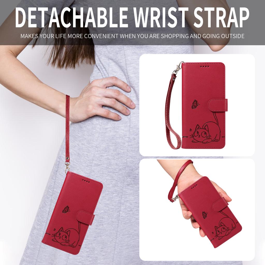 Pro Oppo Reno14 Pro 5G (Čína)/Oppo Reno14 Pro 5G (Globální) Pouzdro Vzor Kočka Ražba Kožený Kryt na Telefon s Poutkem na Zápěstí