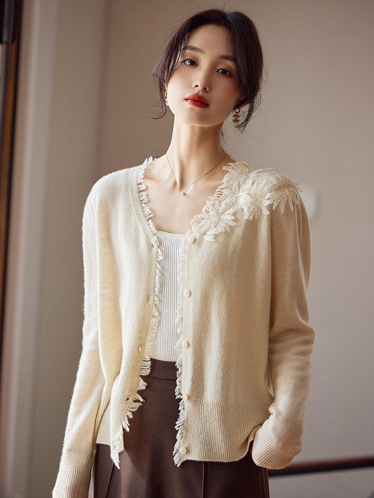 100 Wool Women'S Knitted Cardigan V-Neck Jacket Autumn And Winter New Handmade Crochet Classic Solid Color Versatile Model