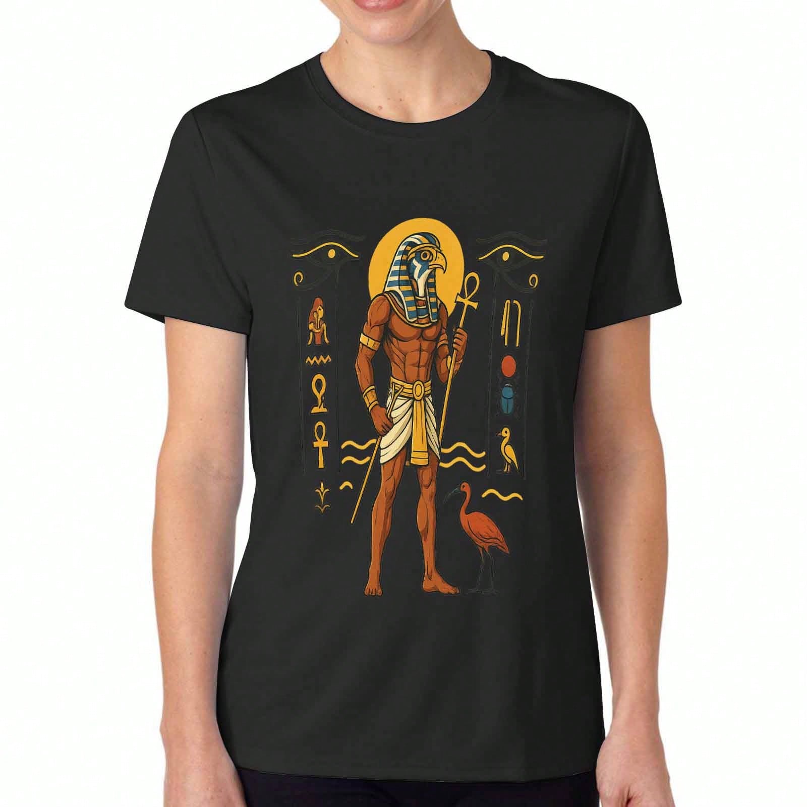 Egyptian Horus Ladies Cotton T Shirt, Premium Cotton Graphic, Durable, Casual Fashion. Featuring God Horus Artwork, Ancient Egypt Design, And Egyptian S разноцветный