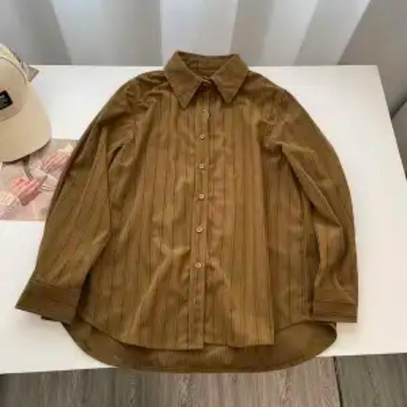 

Ретро коричневая вельветовая рубашка в вертикальную полоску с лацканами и длинными рукавами для женщин в осеннем новом стиле, многослойный высококлассный внутренний топ S коричневый