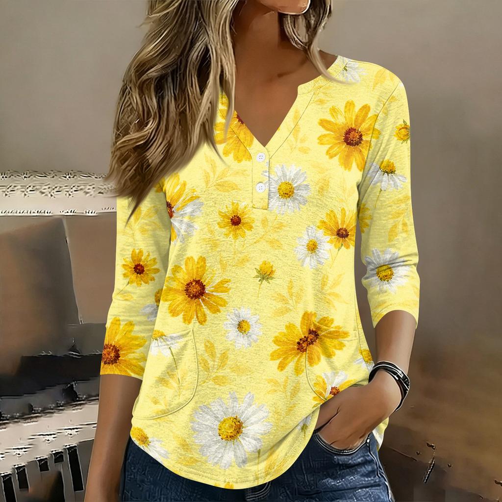 Women 3/4 Sleeve V Neck Henley Floral Print Pullover Casual T Shirt Top Lightweight Soft Fabric Comfortable Fit
