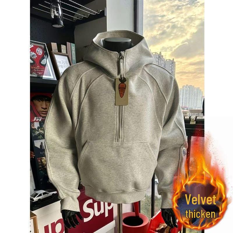 Herren Trendy Herbst Schwere Kapuzenjacke mit Stehkragen und halbem Reißverschluss mit Samtfutter
