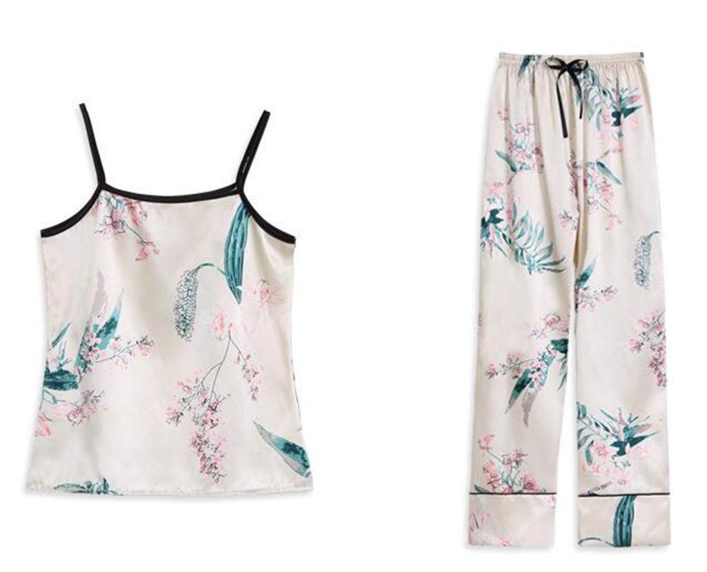 CARLIE KLOSS Silk Loungewear Featuring Long and Size Perfect for and Summer Women's 7-Piece Set, Silk, Open-Front, Sleeves, Pants, Camisole, White,