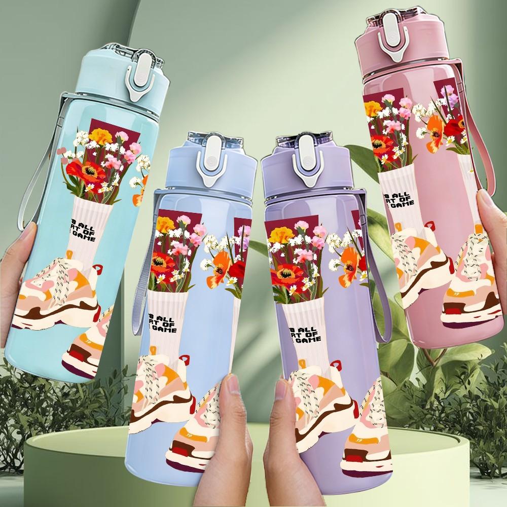 1PC Colorful Patterned Socks Retro Fun Art Print 750ml Color Plastic Sports Water Bottle Leakproof Flip Straw Lid Suitable for Sports Office Home Use