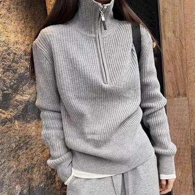Pulover cu jumătate de fermoar cu gât înalt Top pentru damă, slim fit, gri din tricot
