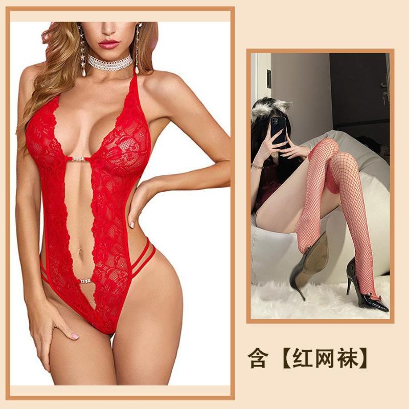 Reines Verlangen sexy Spitze Träger Hals Ausgeschnitten Leidenschaft Unterwäsche Durchsichtig Stimmung Einteiler Damen Pyjama