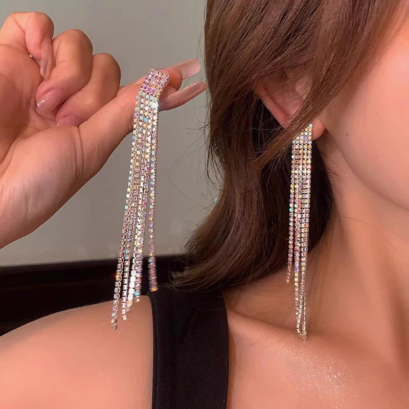 Super flash colorful rhinestone fringed earrings femininity niche stud earrings long earrings