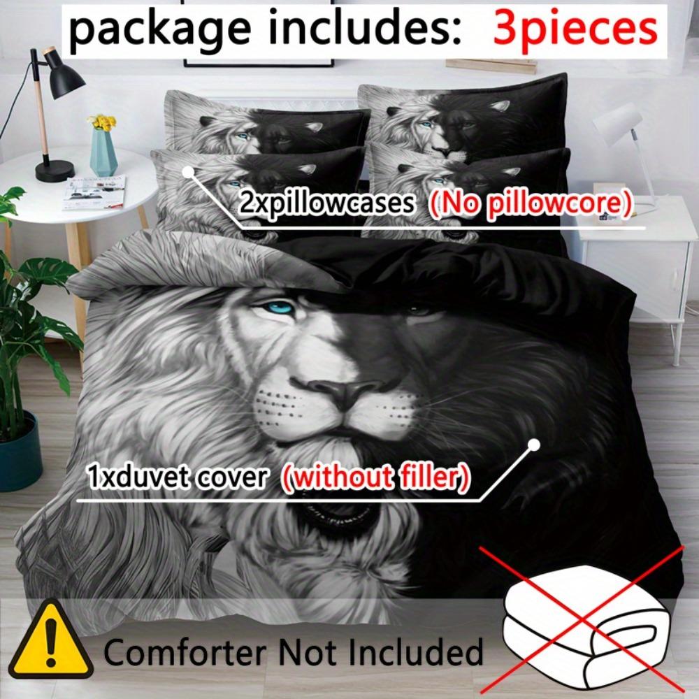 3pcs Bedding Set Black Gray Lion Printed Cozy Soft Duvet Cover King Queen Twin Size Birthday Gift for Boys Adult Bedroom Decor