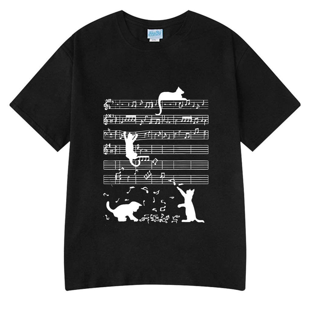 Funny Cat Playing Music Note Clef Musician Art Piano Graphic T-shirts Men Women Clothes High Qu