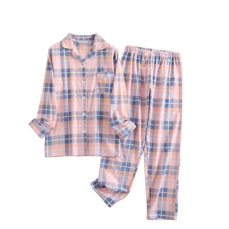 Women Plaid Casual Pajama Set Button Shirt Top and Pants