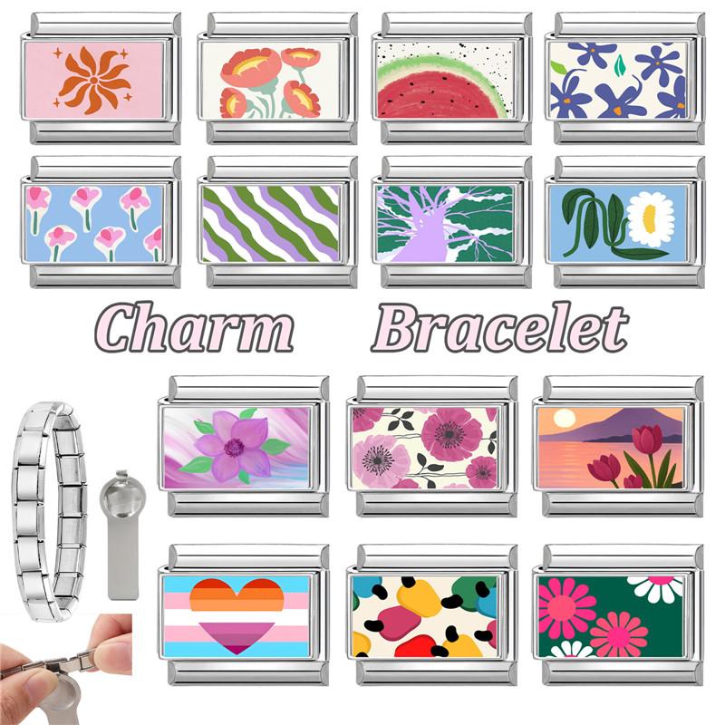 Romantic Flowers Cat Sunset Butterfly Heart Italian Charm Links Fit 9mm Stainless Steel Bracelet Men Women DIY Making Jewelry