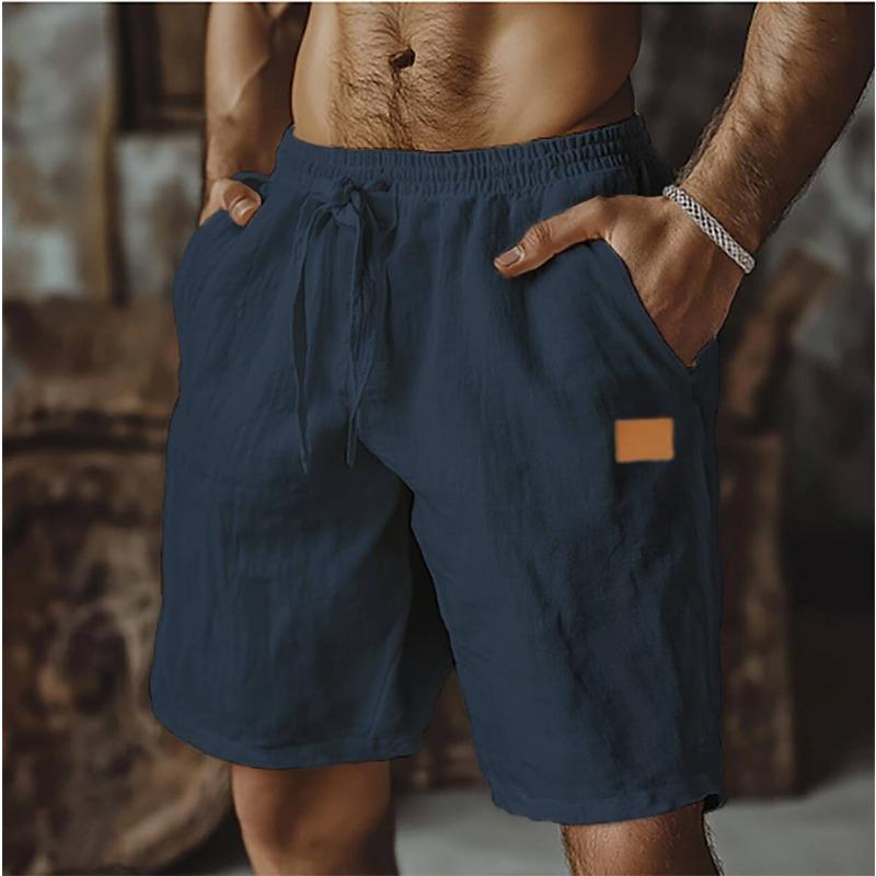 Cotton Linen Shorts with Drawstring Elastic Waistband Straight Legs Solid Color Breathable Daily Beach Five Point Casual Shorts