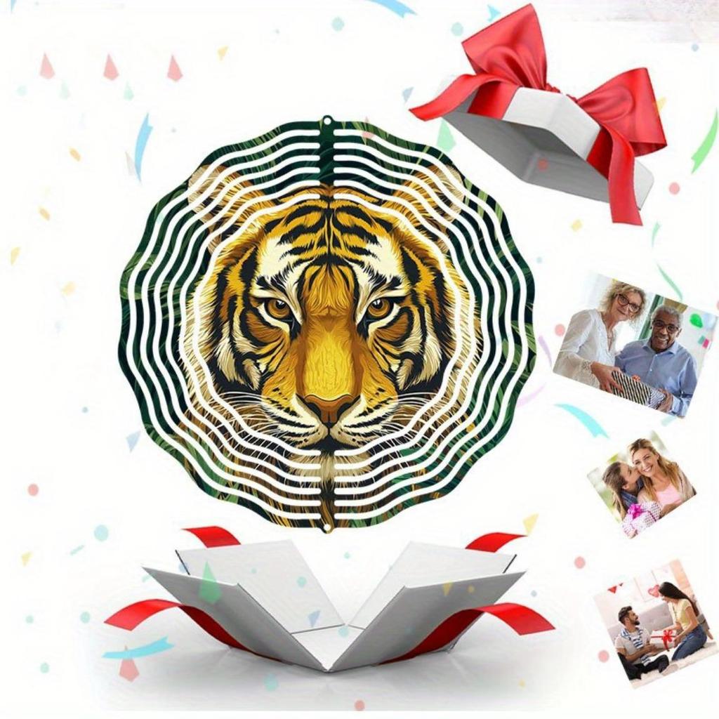Forest Tiger Pattern Metal Wind Spinner Outdoor Garden Decor 360 Rotating Hook Easy Install No Power Needed Wind Chime for Yard
