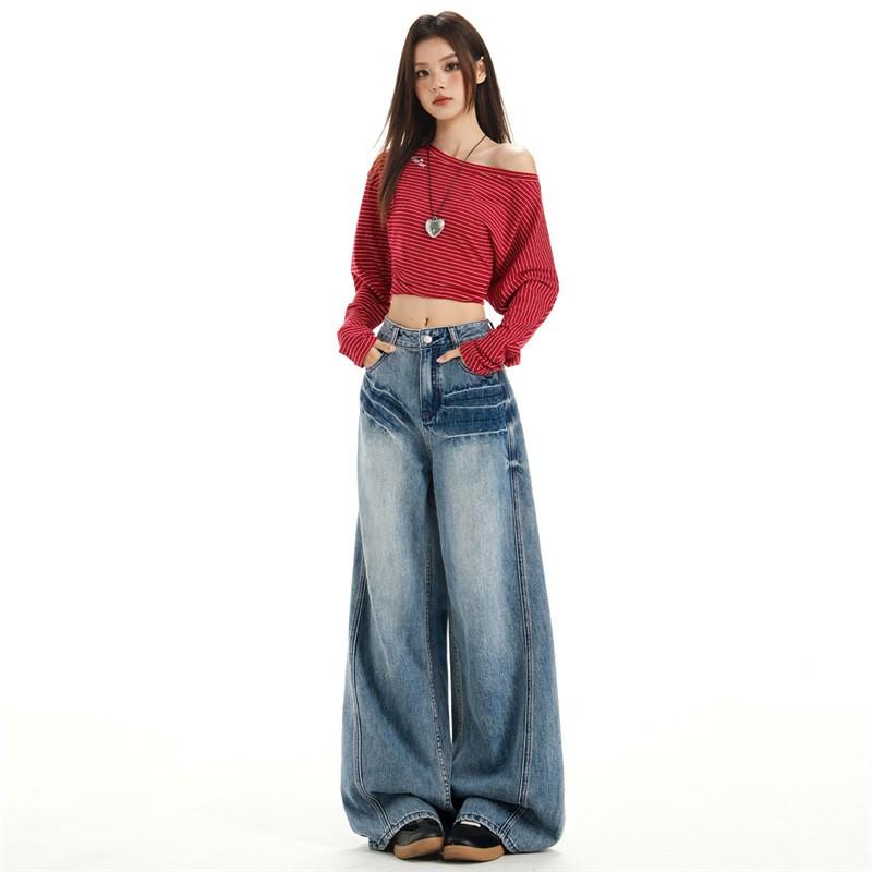 High-Waisted Wide Leg Jeans Women Vintage Washed Blue Denim Straight Fit Cropped To Floor Length Cotton Ripped Detail