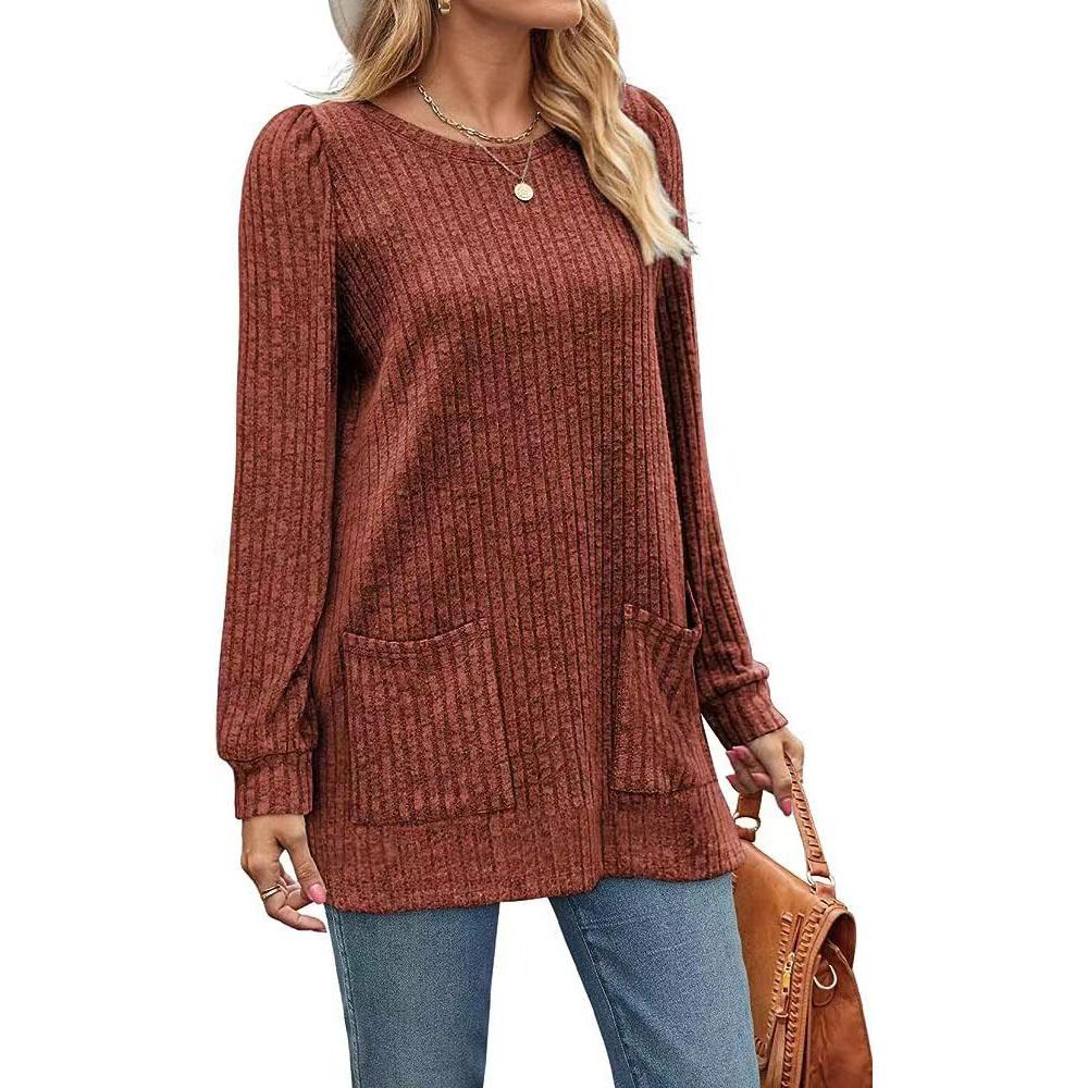 Women's Blouse Long Sleeve Spring and Autumn Pocket Top Loose Casual Bubble Sleeve Plus Size
