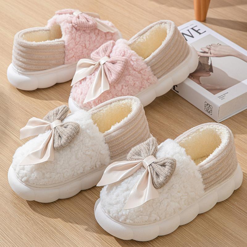 Bag Heel Cotton Slippers Women's Winter New Bow Cotton Drag Girl Velvet Warm Cotton Shoes Silent Wool Slippers