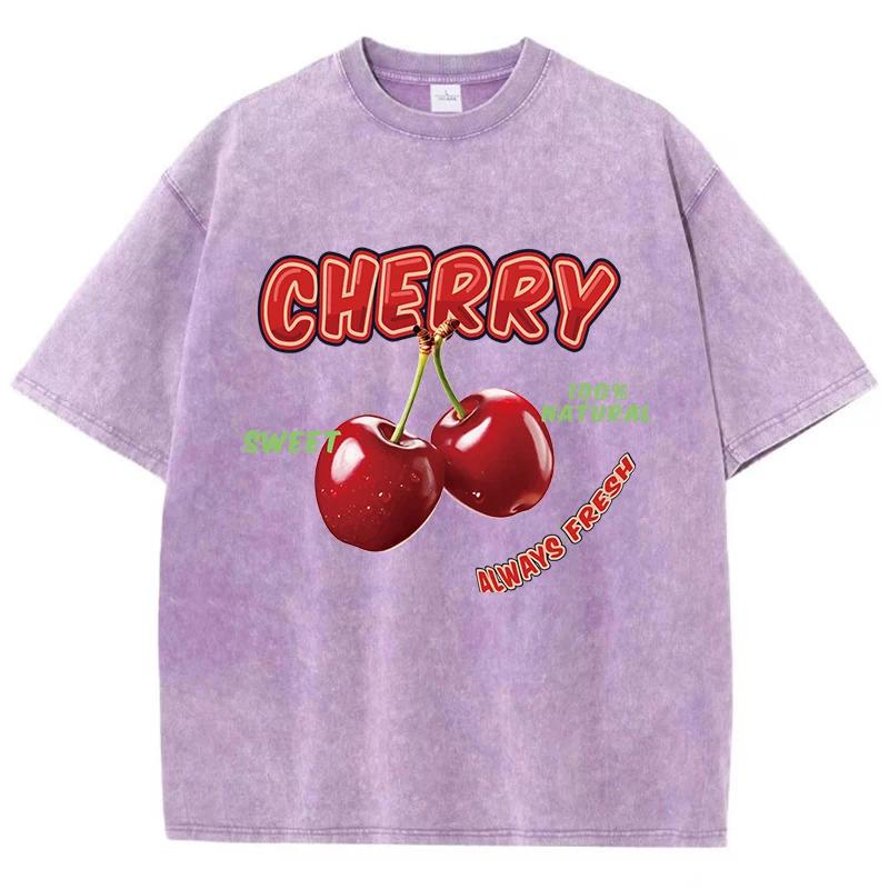 Street Woman Washed T-Shirts Sweet Cherry Aways Fresh Print Short Sleeve Comfortable Cotton Oversize Tops Female Clothes