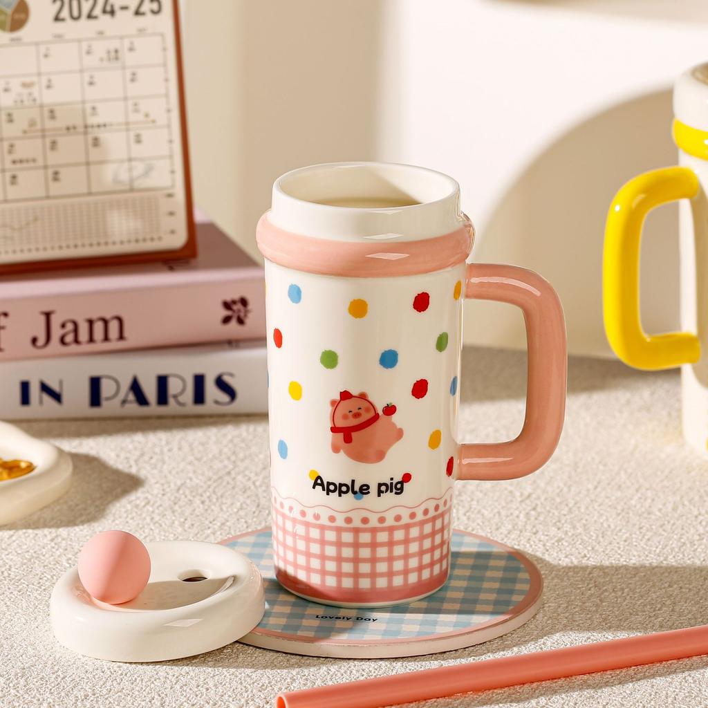 Cute Large-capacity Ceramic Polka Dot Mug with Lid High-value Girl Office Couple Birthday Gift Girl