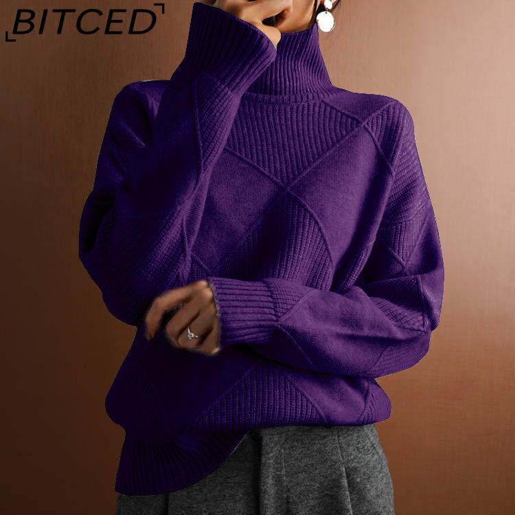 BITCED Oversized Crewneck Knit Sweater for Workwear Solid Color High Neck Diamond Pattern Fashion Sweater for Women