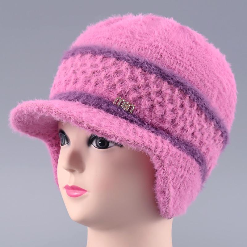 Hat Female Winter Rabbit Hair Warm Wool Hat Old Lady Cold Protection Ear Protection Knitted Hat