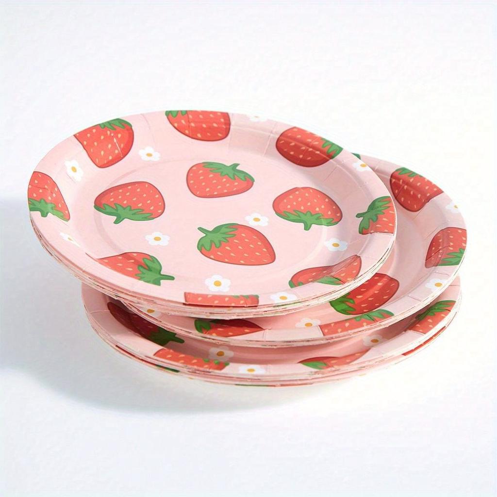 Flower & Strawberry Pattern Paper Plates, Party Supplies, Disposable Plates Fit for 24 Guests, for Party Decoration, Birthday, Gift-Giving
