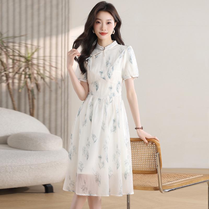 New Chinese Style Summer 2026 Women's Dress: Zen Puff Sleeve Cheongsam