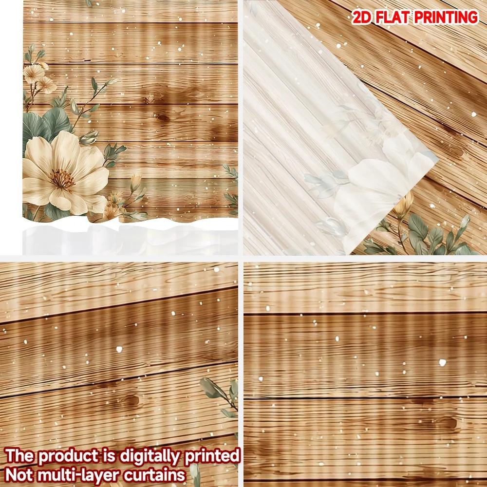 2pcs Warm Floral Woodgrain Curtains 2D Flat Digital Printing   Yellow Orange Blossoms with Green Leaves for Cozy Bedroom Decor