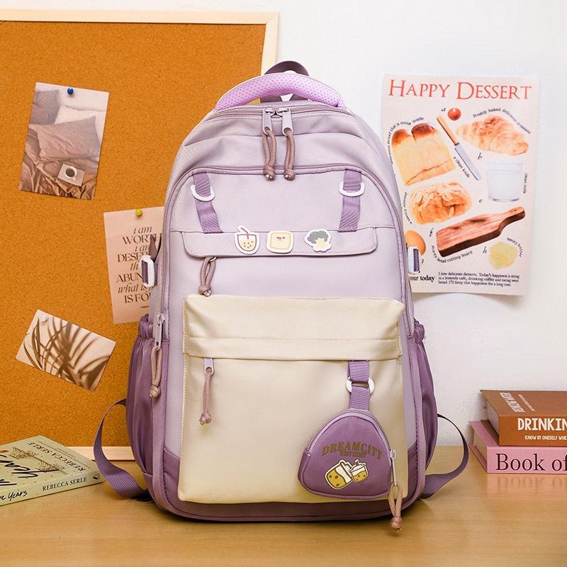 High-value fresh college style backpack, junior high school students contrasting color splicing large-capacity backpack