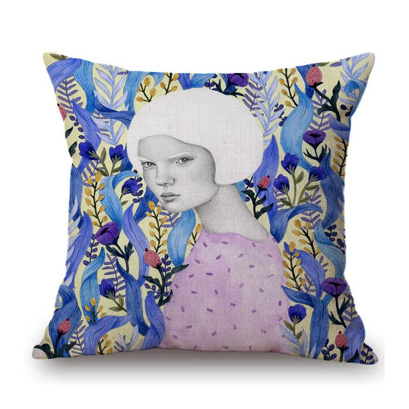 Vintage Argentina Artist Flower Leaves Background Fashion Girl Comic Beautiful Cotton Linen Sofa Pillow Case Cute Cushion Cover