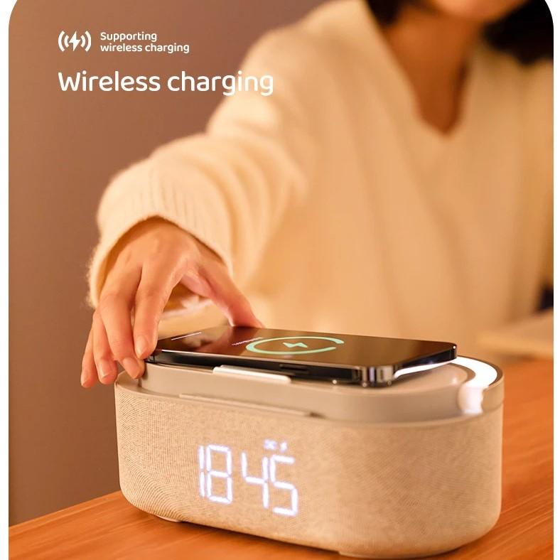 Portable Dual Alarm clock Bluetooth Speaker, Phone holder Wireless Charger, FM Radio & Dimmable Light for Bedroom Office Home Gift Giving