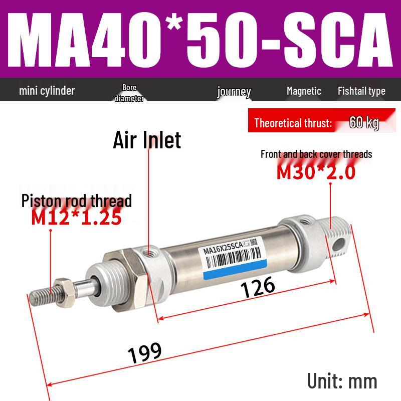 Mini Stainless Steel Pneumatic Cylinder MA Series (16-40mm Bore, 50-200mm Stroke)