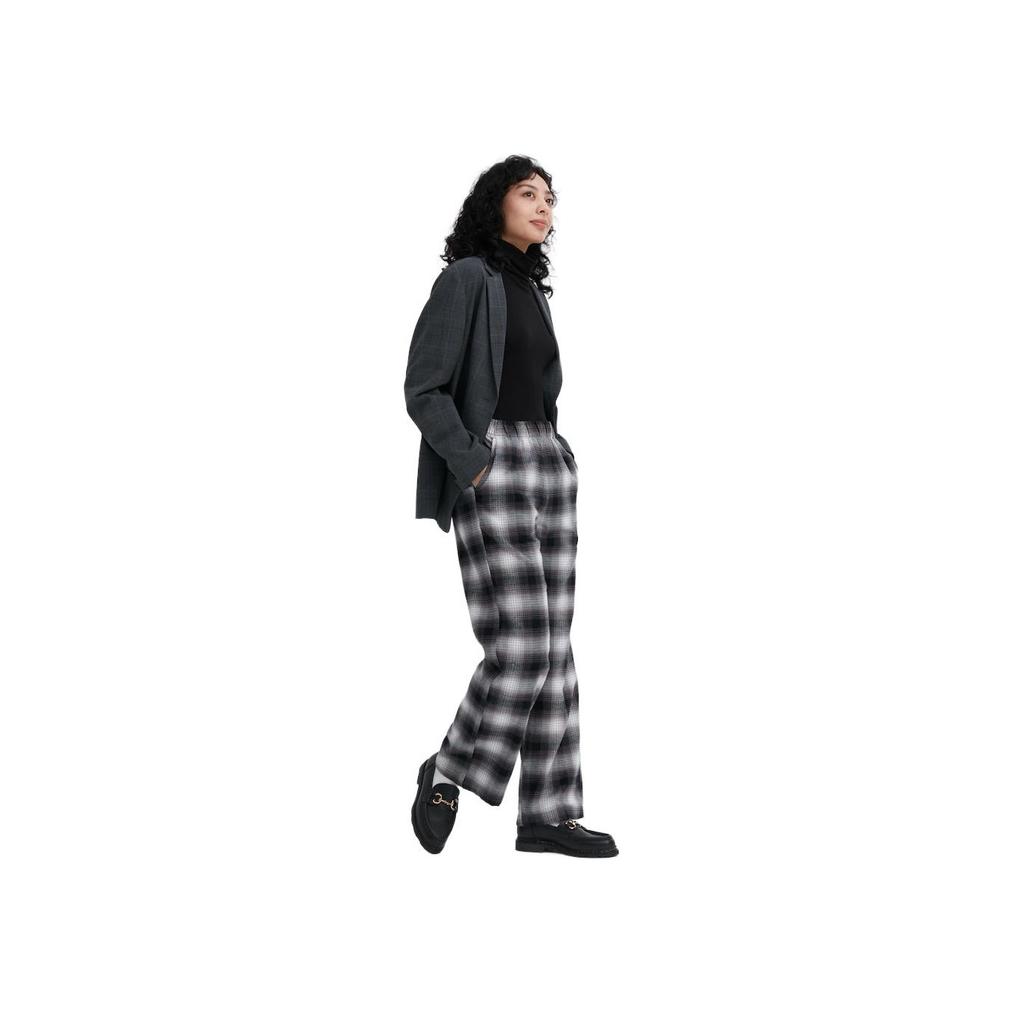 UNIQLO Plaid Flannel Elastic Waist Straight Leg Casual Pants Women bottoms Light-Gray 461762-07