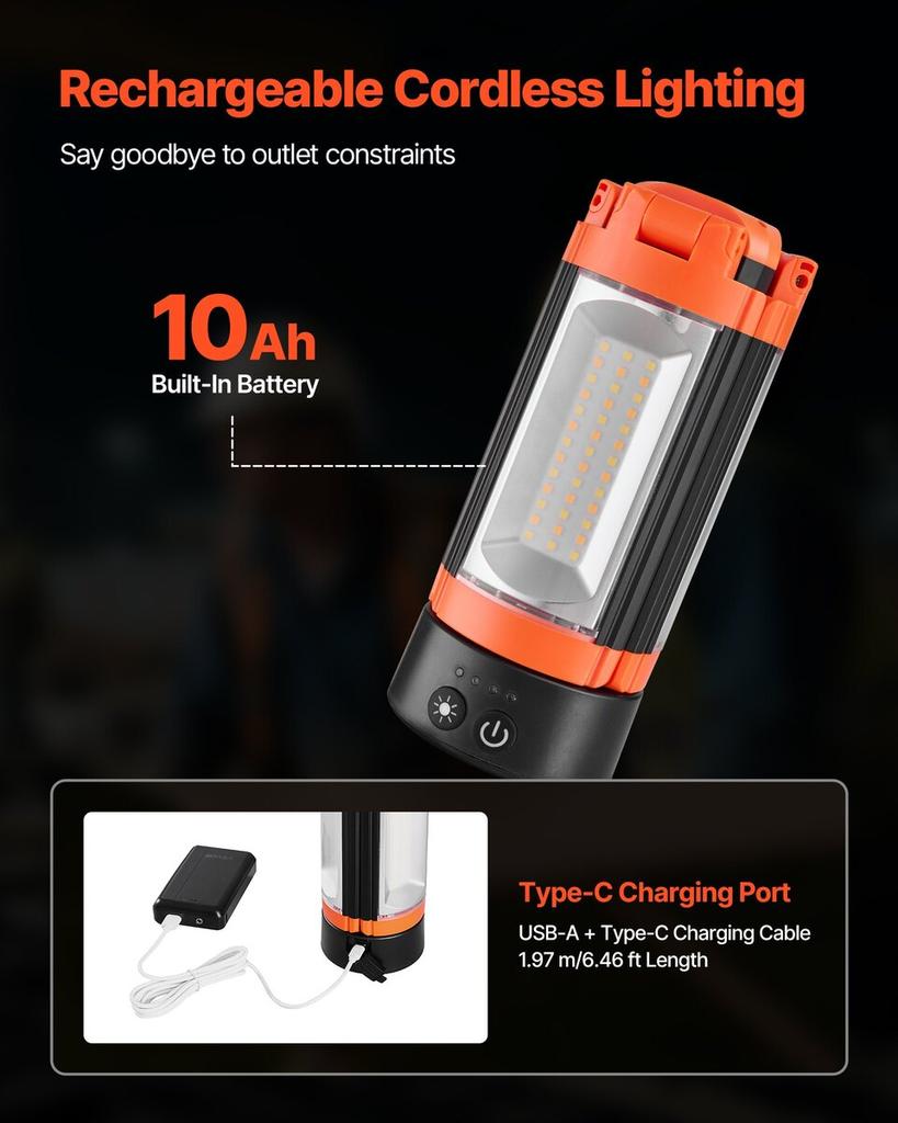 LED Work Light with Stand, 10Ah, Rechargeable Cordless Camping Light, with 3 Lamp Heads, Detachable Tripod Stand, 2200 Lumens 3000K-6500K Dimmable,