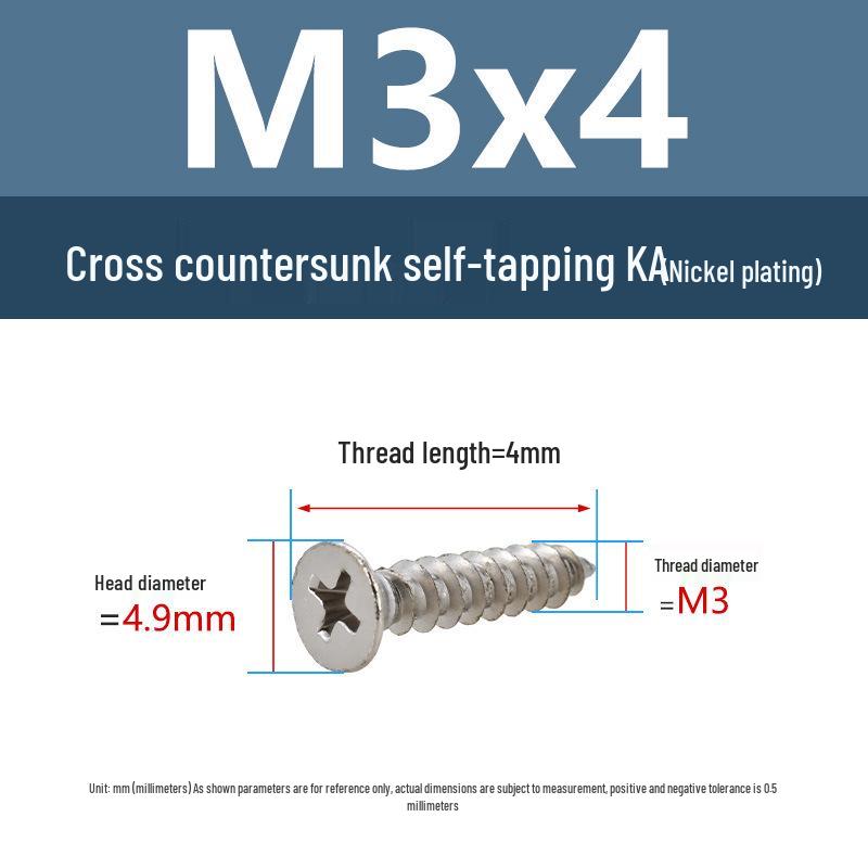 YiguYigu Nickel-Plated Phillips Flat Head Self-Tapping Screws M1-M5, Carbon Steel