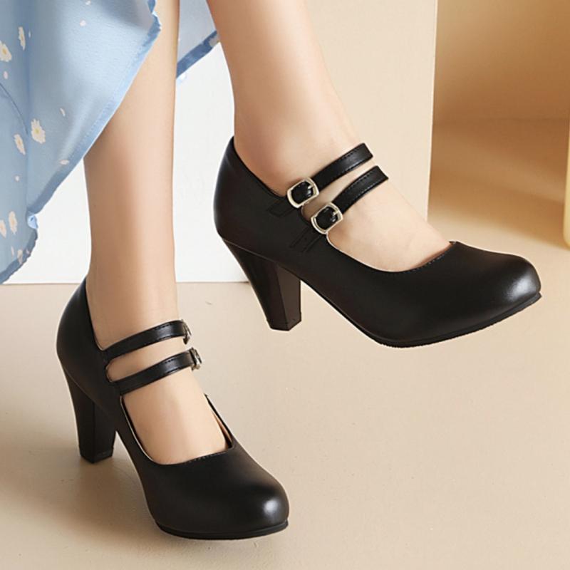 Zarif Kadın Beyaz Yüksek Topuklu Mary Janes Ayakkabılar Moda Siyah Topuklu Parti Düğün Ofis Ayakkabıları Kadın Elbise Pompaları Büyük Numara 45