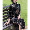 Sleeve Cheongsam Dress with Ginkgo Leaf Chinese Party Formal and Long, 3/4 Design, Velvet, Clothing, Slit, Dress, (Black Gold, L)
