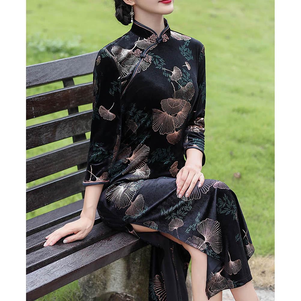 Sleeve Cheongsam Dress with Ginkgo Leaf Chinese Party Formal and Long, 3/4 Design, Velvet, Clothing, Slit, Dress, (Black Gold, L)
