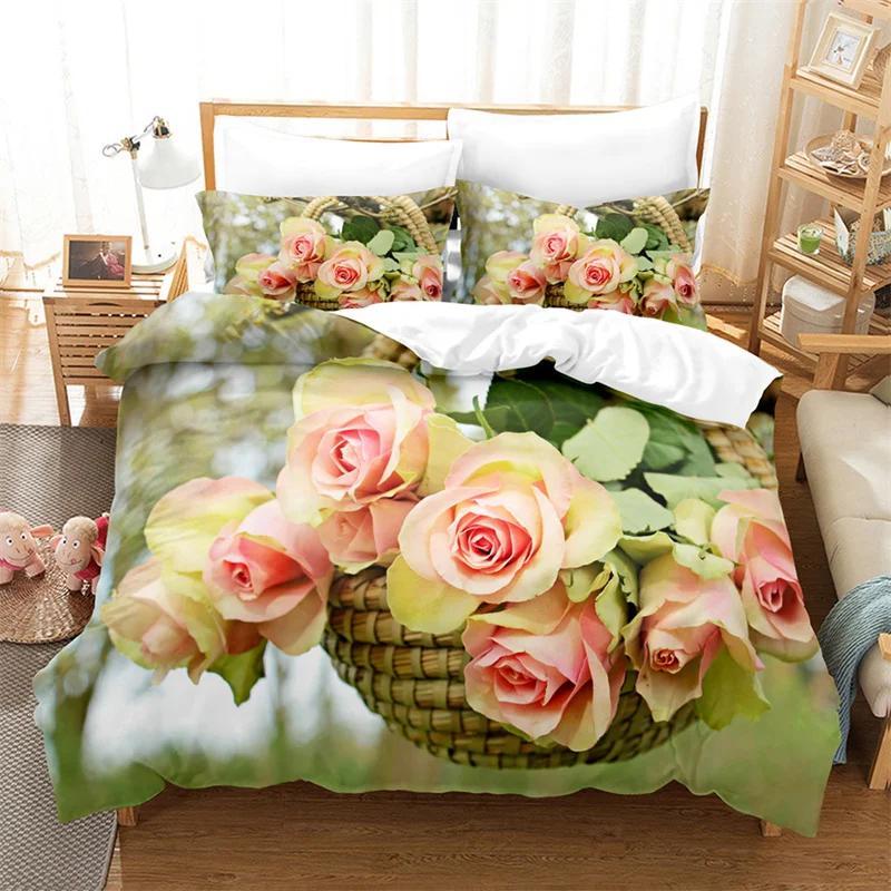 Comforter Rose Flower Bedding Set 4Pcs Pink Red 200X230 For Double Bed 3D Bedsheet 230X230 Full Size Thin Fabric