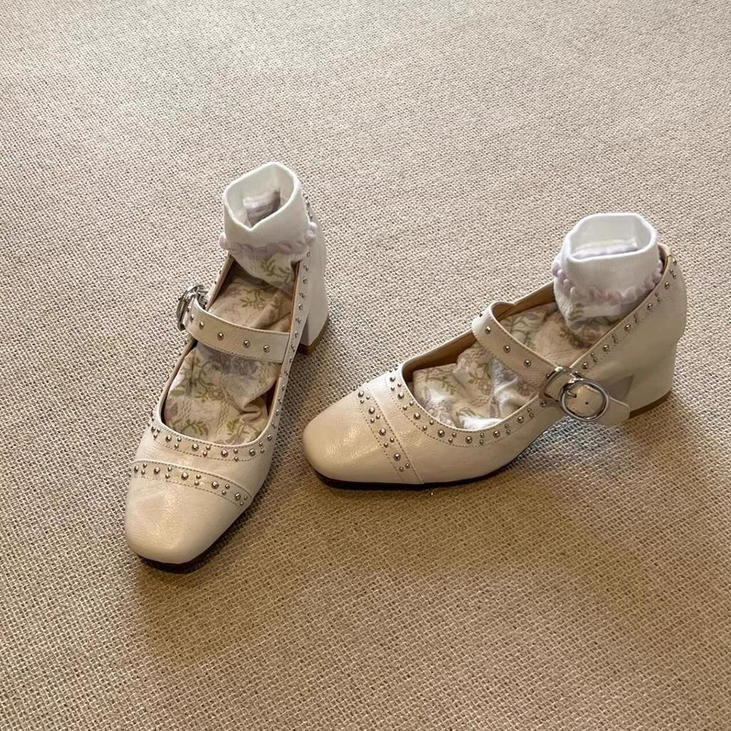 Sheepskin Version~ French Retro Rivet Mary Jane Women's Shoes Shallow Mouth One-word Buckle Single Shoes Versatile Flat Ballet Shoes