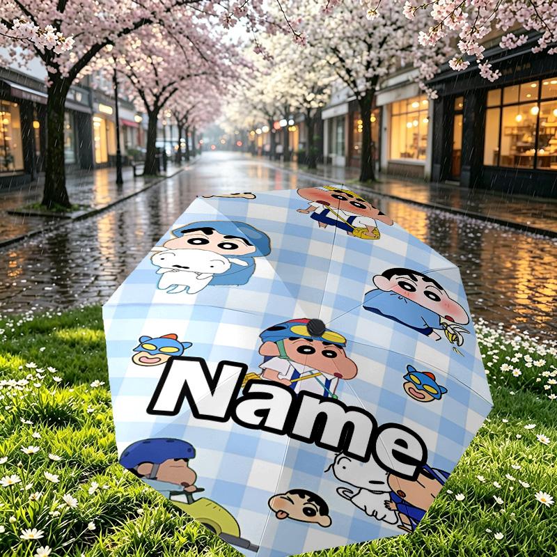Custom Name Personalized Crayon Shin Print Umbrella, Auto Open Close, 8‑Rib Sturdy Frame, Commute Camping Hiking Use, Birthday Gift