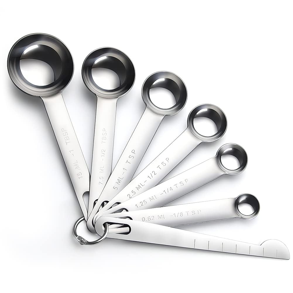 YFWOOD Stainless Steel Measuring Spoon Set (7 pieces) - 15ml each, with thin spatula. Includes tablespoons, teaspoons, and measuring marks.