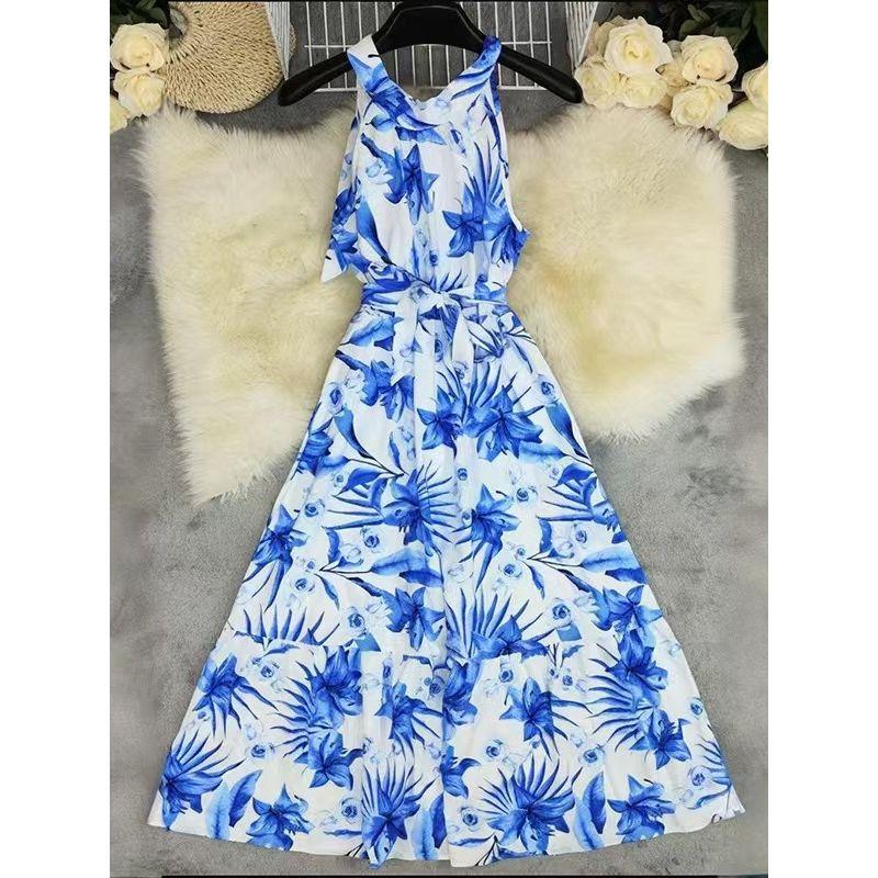 Fashion Wind New Arrival Print Sleeveless Halter Dress Printed Sleeveless Lace up Dress