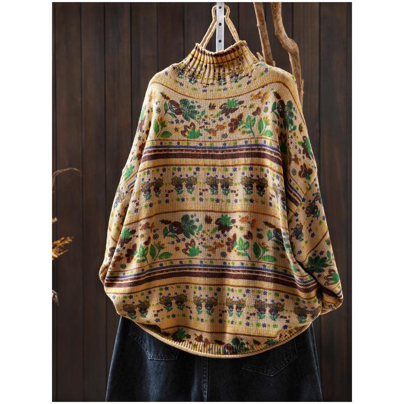 Women's Retro Style Printed Knit Sweater with Half-High Neck