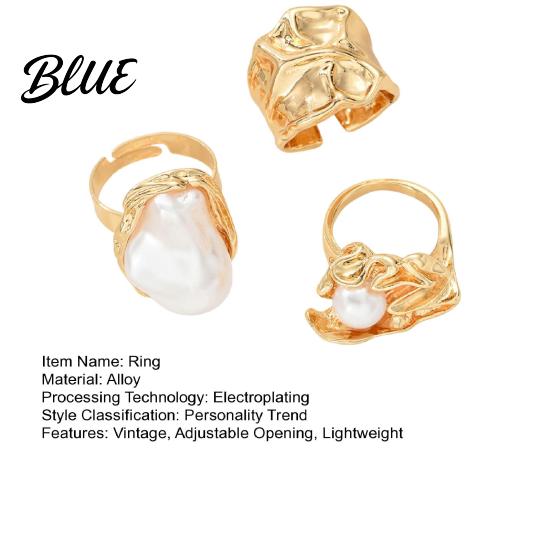 Female Ring 3Pcs Baroque Faux Pearl Vintage Adjustable Opening Alloy