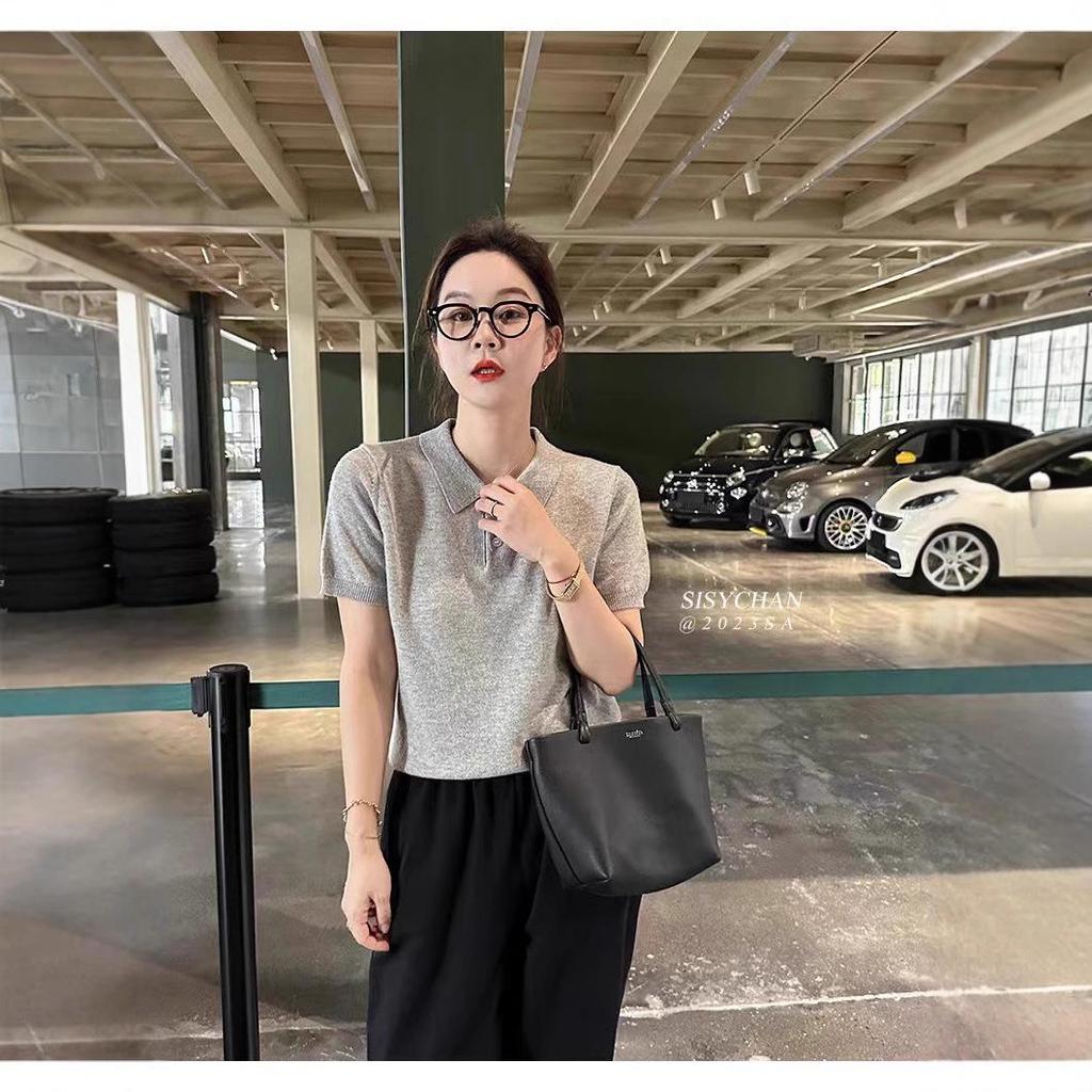 Korean Style Slimming Polo Collar Knit Shirt - Women's Casual Summer Pullover