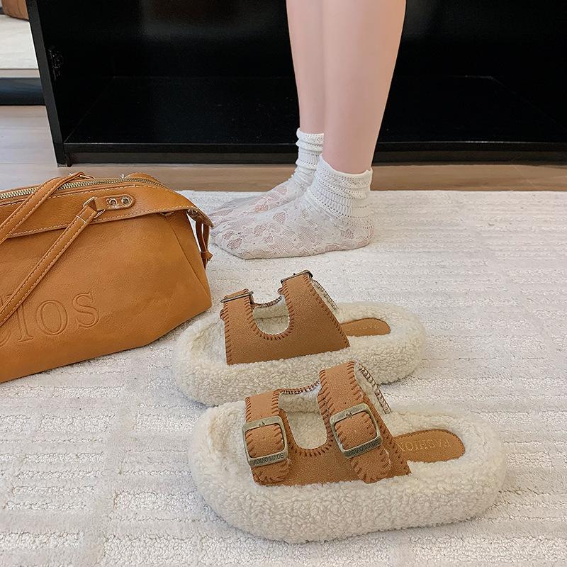 

Толстоподошвенные пушистые шлепанцы Birkenstock носить 22 новые супер-хит однополосные пушистые домашние хлопковые тапочки 35