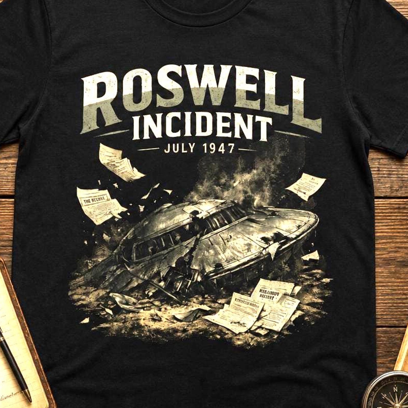 Roswell Incident Shirt, Vintage UFO Crash Graphic Tee, Retro Alien Believer Apparel, 1947 Area 51 Top, Science Fiction Gift 3XL